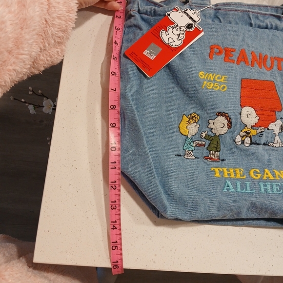 Peanuts Denim Tote Bag with Embroidered Characters - Light Blue - Picture 12 of 13